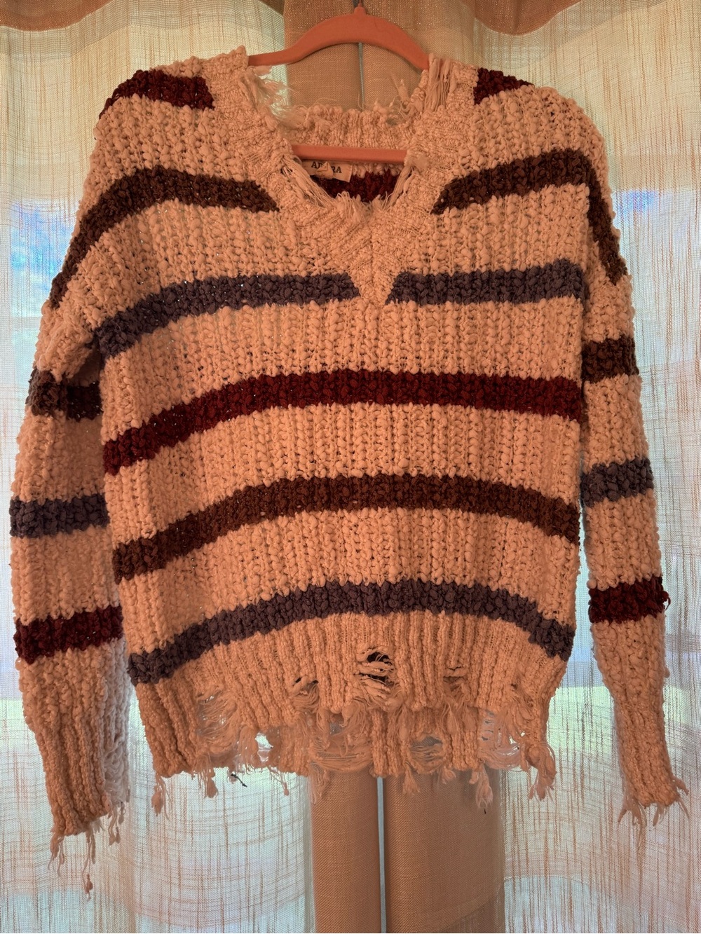 ADORA Cream V-Neck Chunky Knit Sweater with Burgundy & Gray Stripes